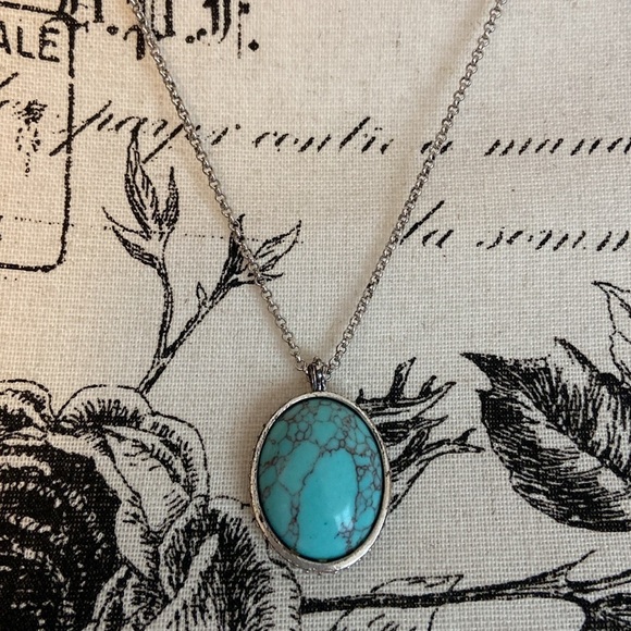 Lucky Brand Faux Turquoise Pendant Necklace Double Strand Silver Tone - Picture 3 of 5